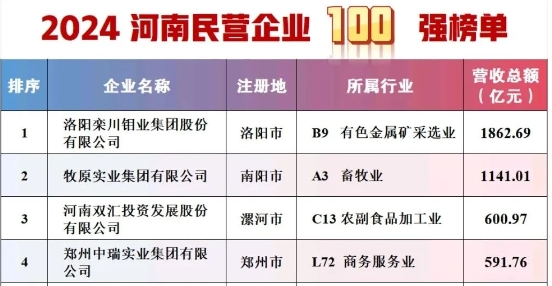 2024河南民營企業百強榜單發布